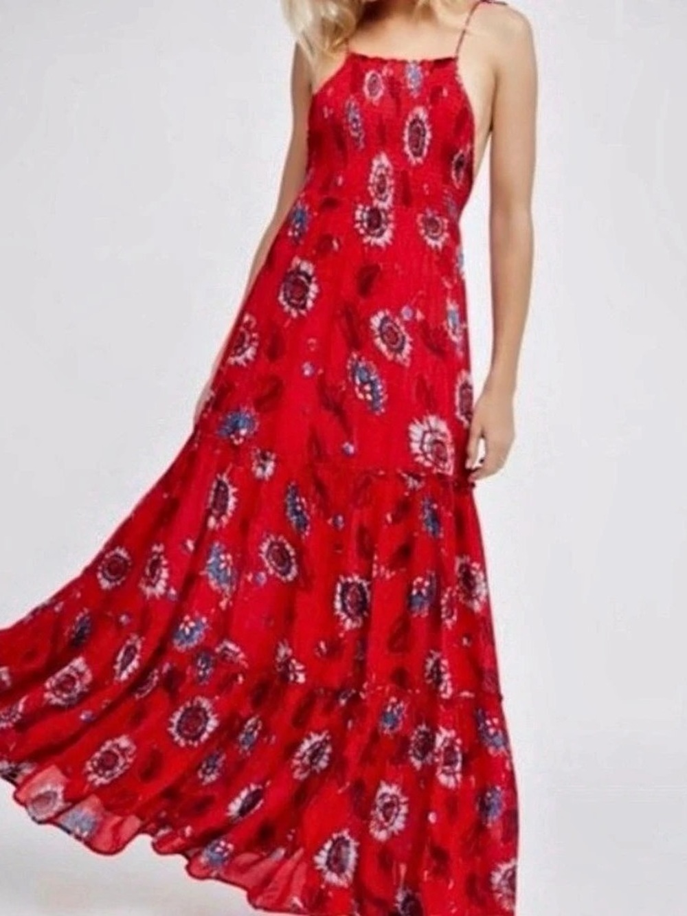 Free People Garden Party Red Floral Smocked Tiered Maxi Dress S